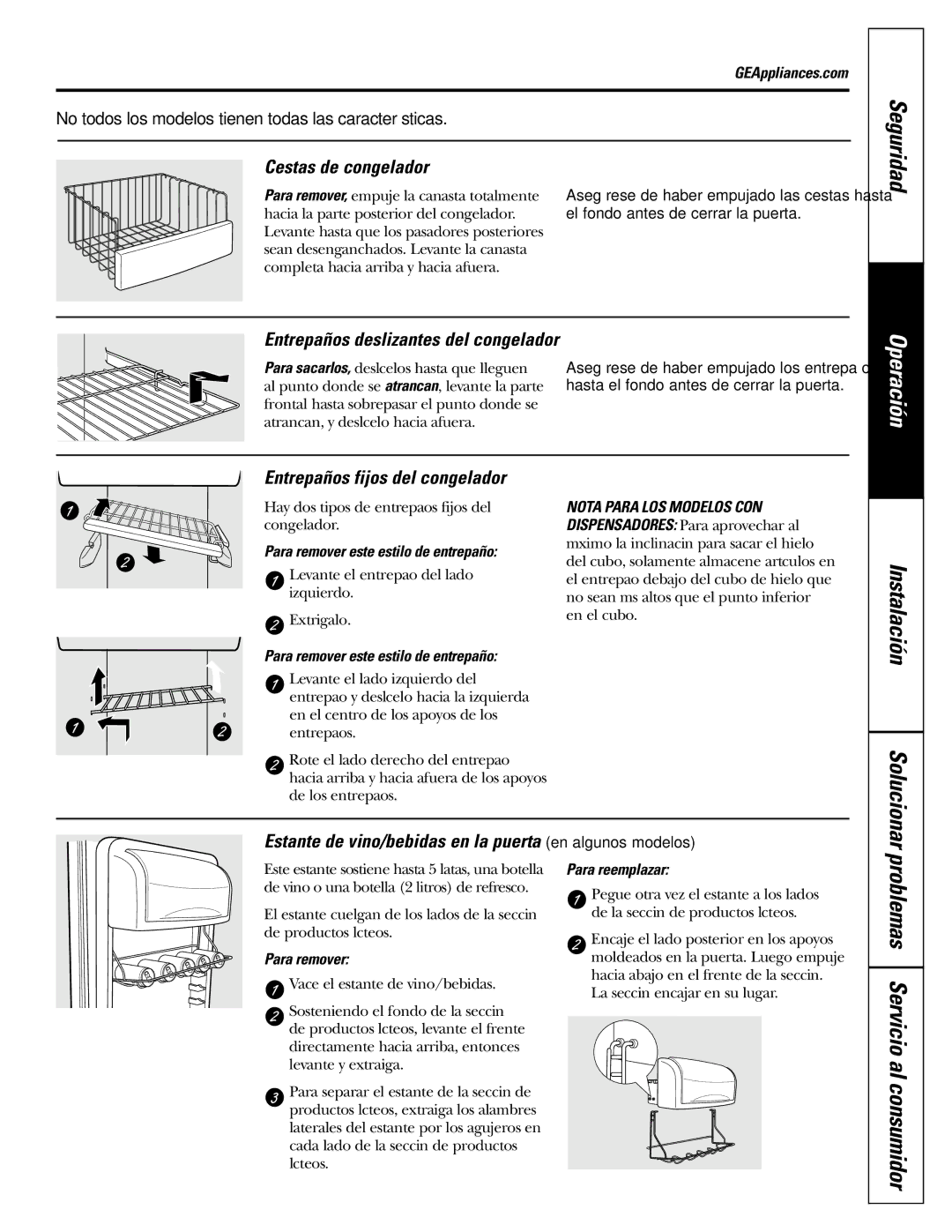 GE 200D2600P039 Problemas Servicio al consumidor, Cestas de congelador, Entrepaños deslizantes del congelador 