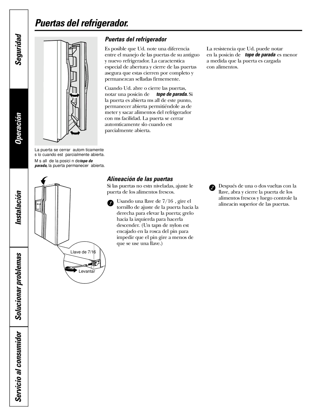 GE 200D2600P039 installation instructions Puertas del refrigerador, Alineación de las puertas 