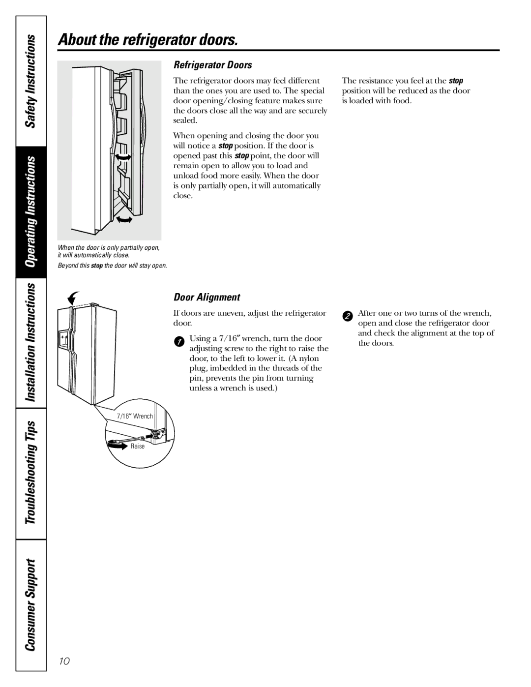 GE 200D2600P043 installation instructions About the refrigerator doors, Refrigerator Doors, Door Alignment 