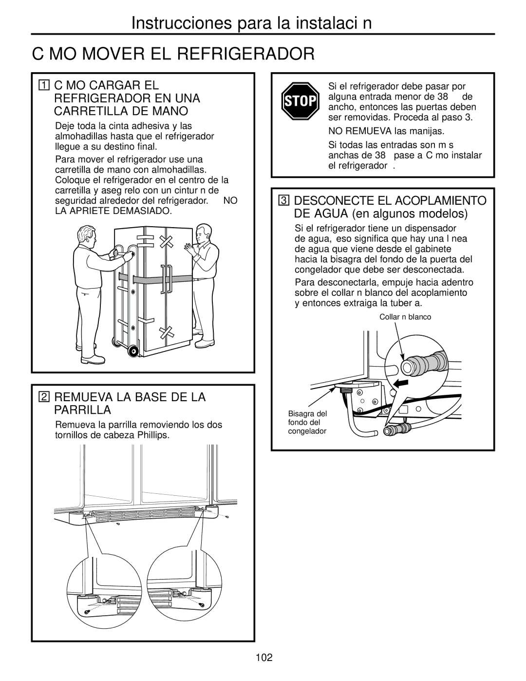 GE 200D2600P043 installation instructions Cómo Mover EL Refrigerador, Cómo Cargar EL Refrigerador EN UNA Carretilla DE Mano 