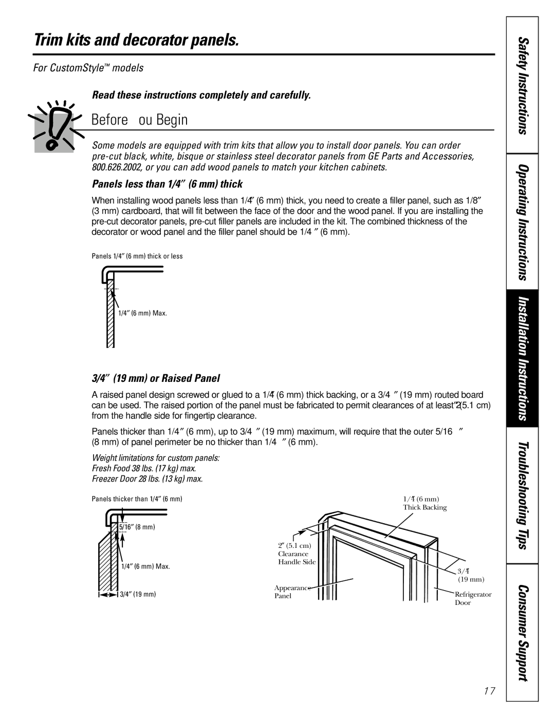 GE 200D2600P043 Trim kits and decorator panels, Read these instructions completely and carefully, ″ 19 mm or Raised Panel 