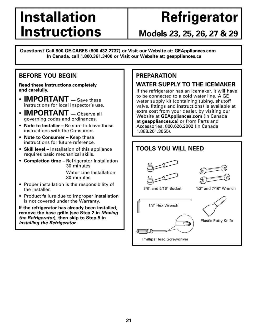 GE 200D2600P043 installation instructions Before YOU Begin, Preparation Water Supply to the Icemaker, Tools YOU will Need 