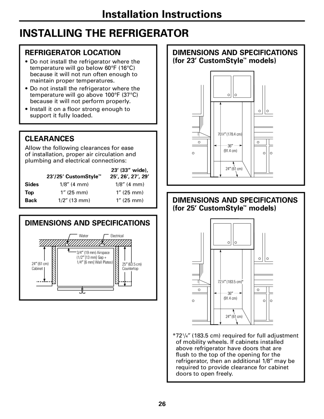 GE 200D2600P043 Installing the Refrigerator, Refrigerator Location, Clearances, Dimensions and Specifications 