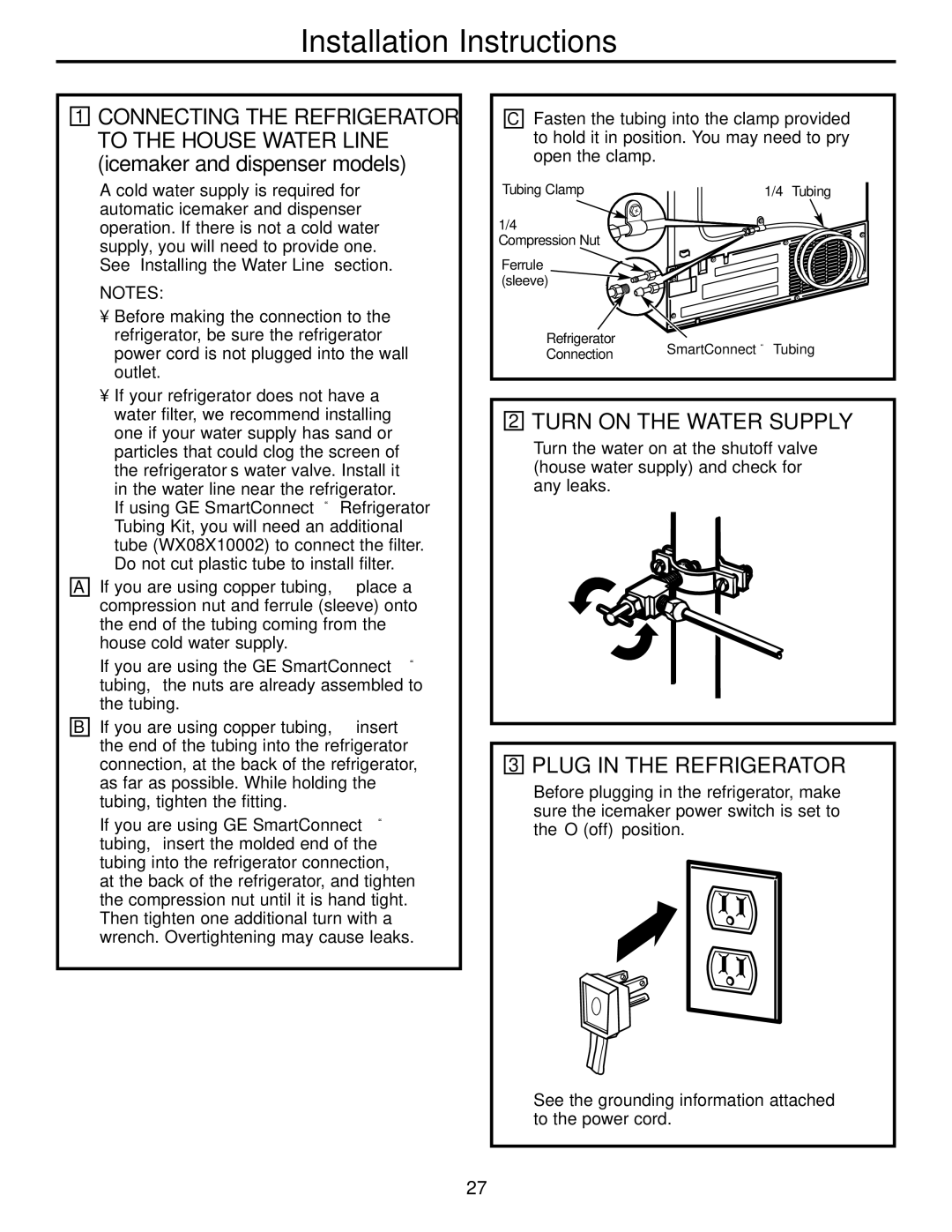 GE 200D2600P043 installation instructions Turn on the Water Supply, Plug in the Refrigerator 