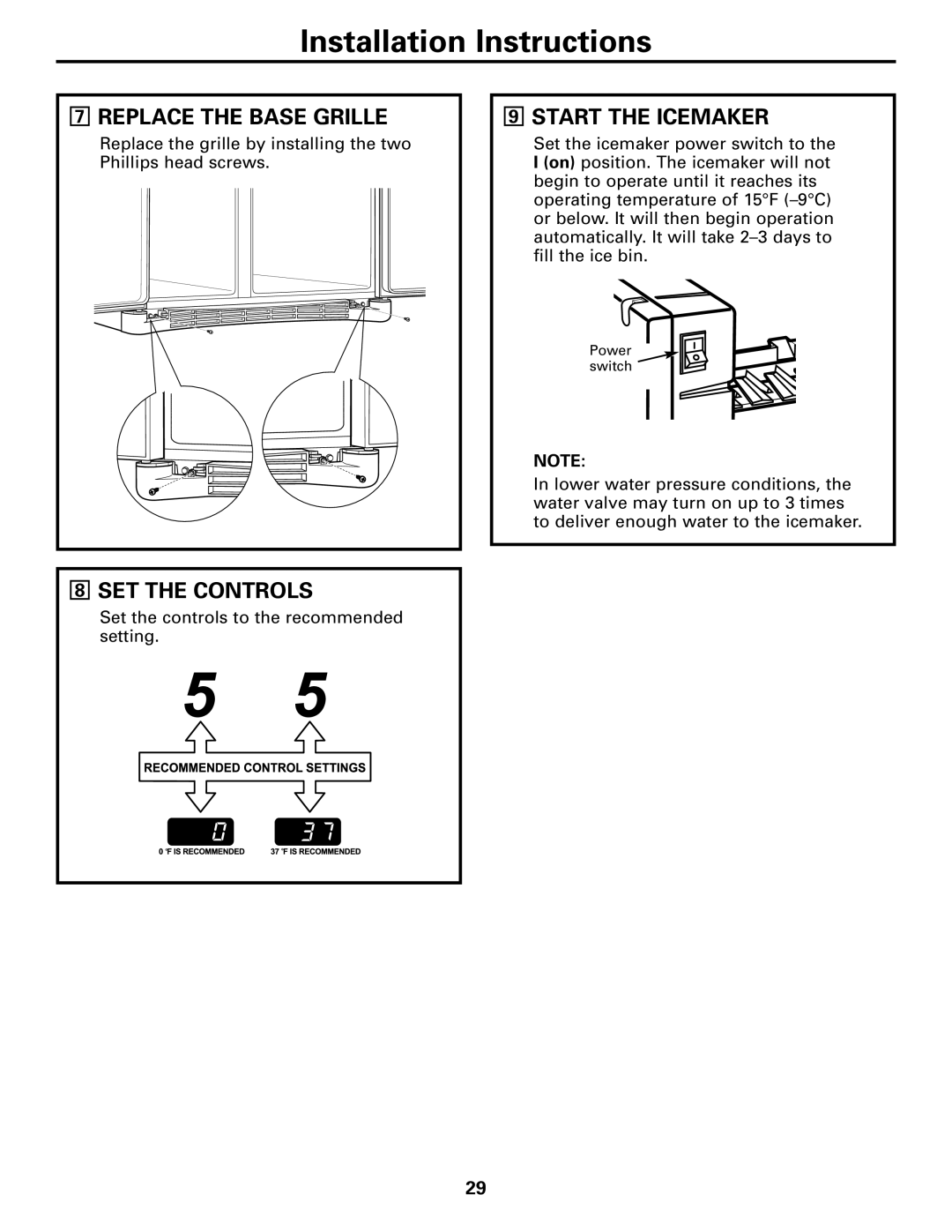 GE 200D2600P043 installation instructions Replace the Base Grille, SET the Controls, Start the Icemaker 