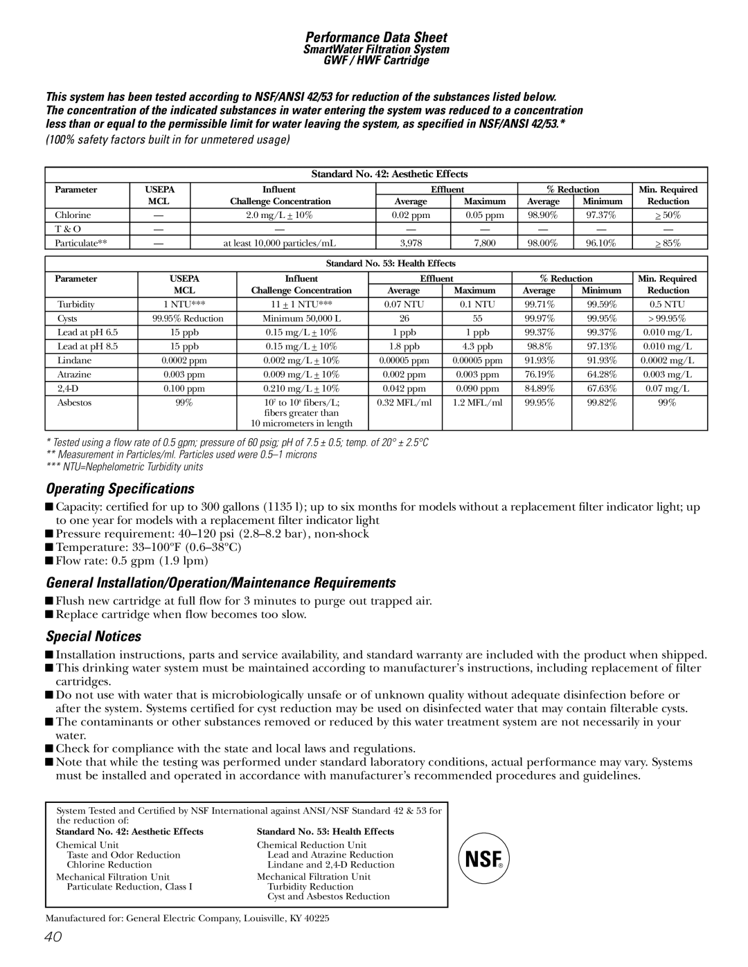 GE 200D2600P043 Performance Data Sheet, Operating Specifications, General Installation/Operation/Maintenance Requirements 