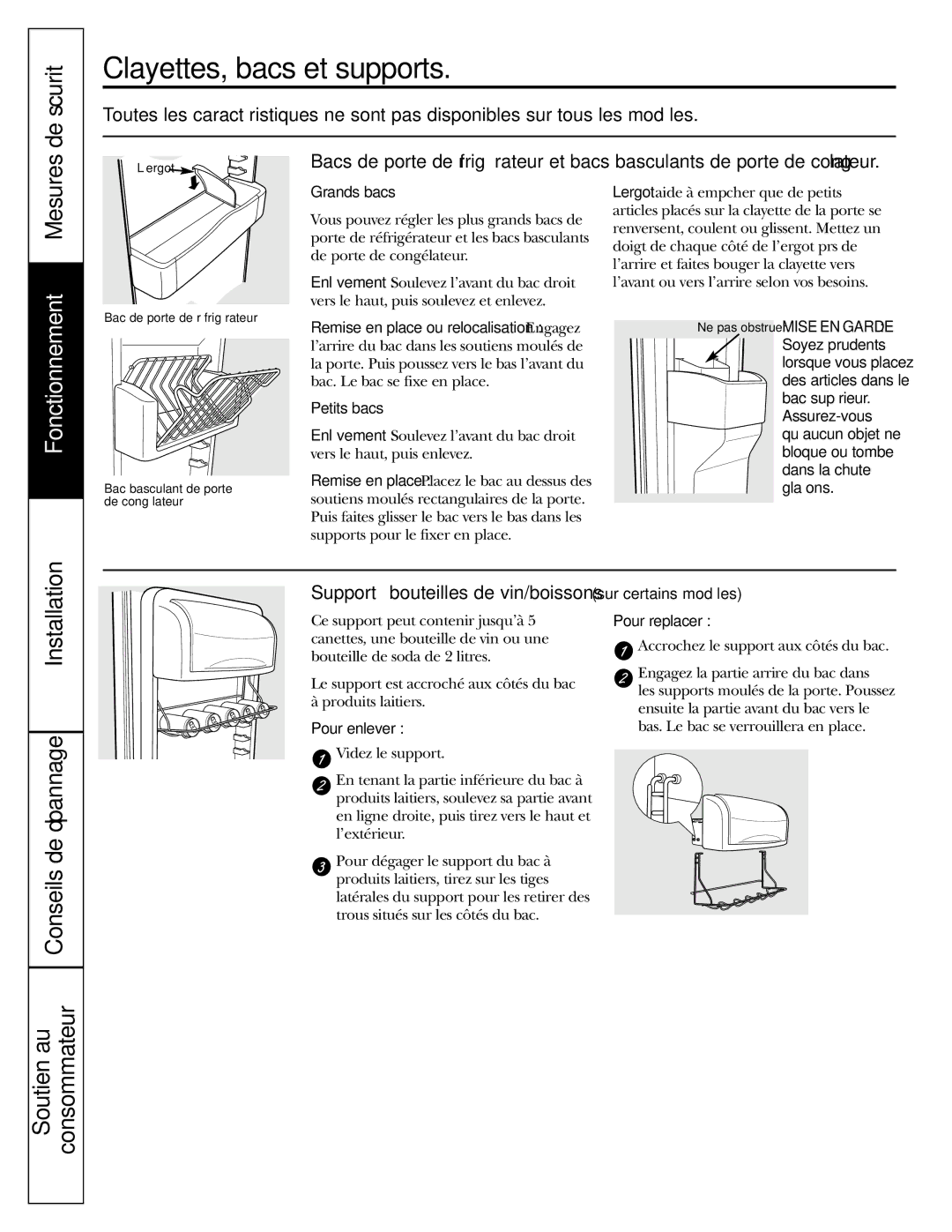 GE 200D2600P043 Clayettes, bacs et supports, Grands bacs, Petits bacs, Support à bouteilles de vin/boissons, Pour enlever 