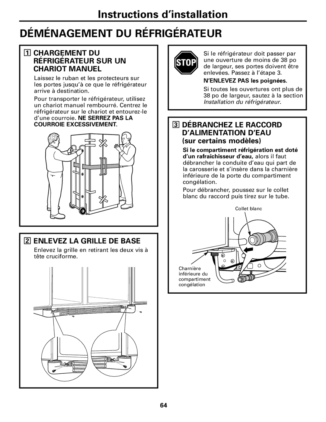 GE 200D2600P043 installation instructions Déménagement DU Réfrigérateur, Chargement DU Réfrigérateur SUR UN Chariot Manuel 