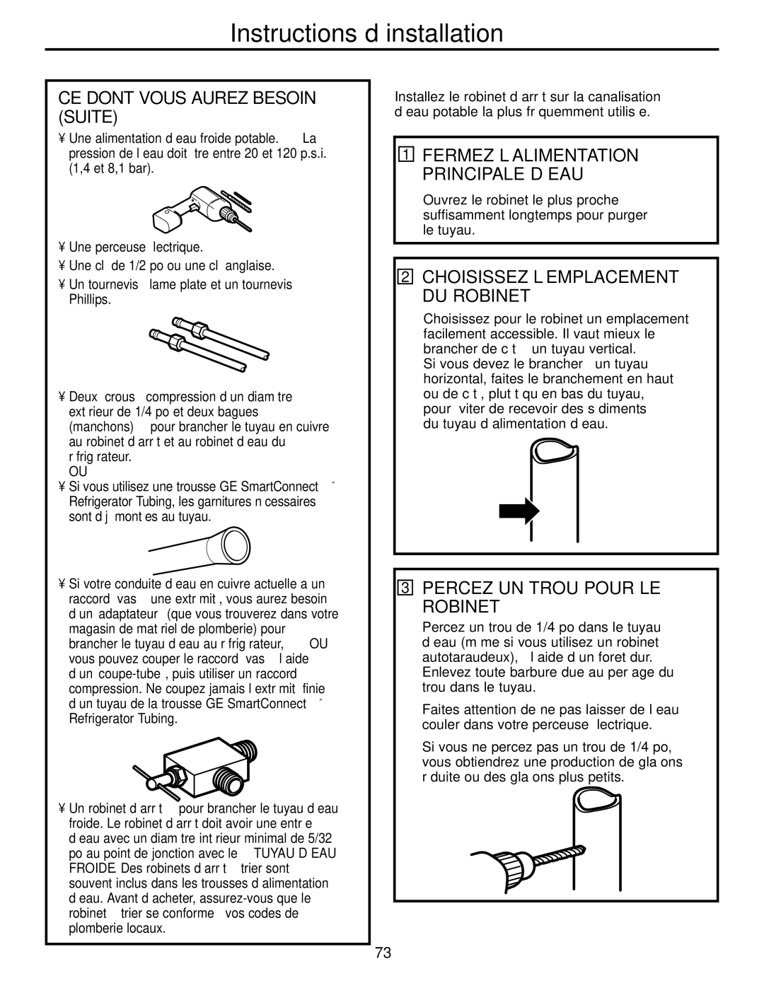 GE 200D2600P043 installation instructions CE Dont Vous Aurez Besoin Suite, Percez UN Trou Pour LE Robinet 