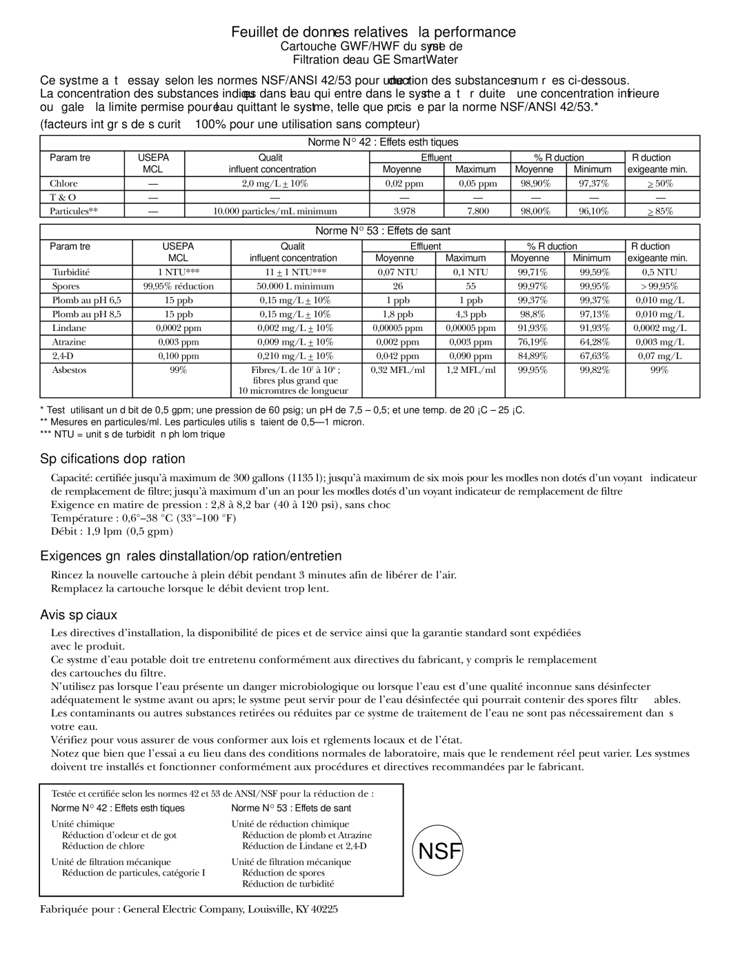 GE 200D2600P043 Feuillet de données relatives à la performance, Spécifications d’opération, Avis spéciaux 