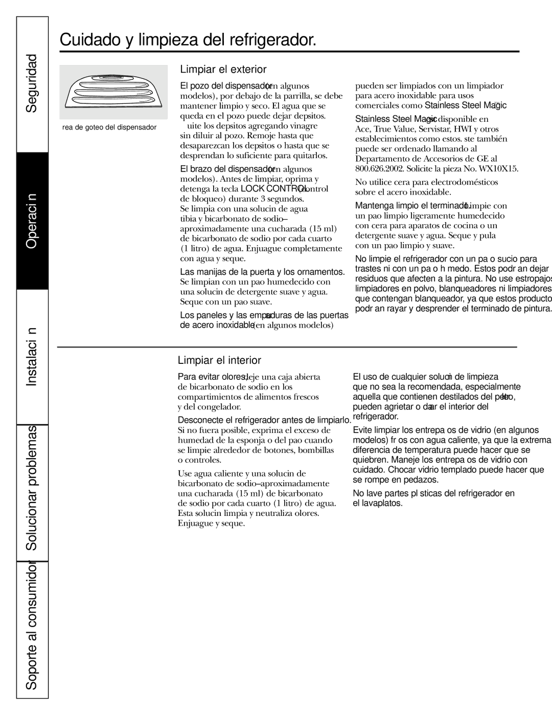 GE 200D2600P043 installation instructions Cuidado y limpieza del refrigerador, Limpiar el exterior, Limpiar el interior 