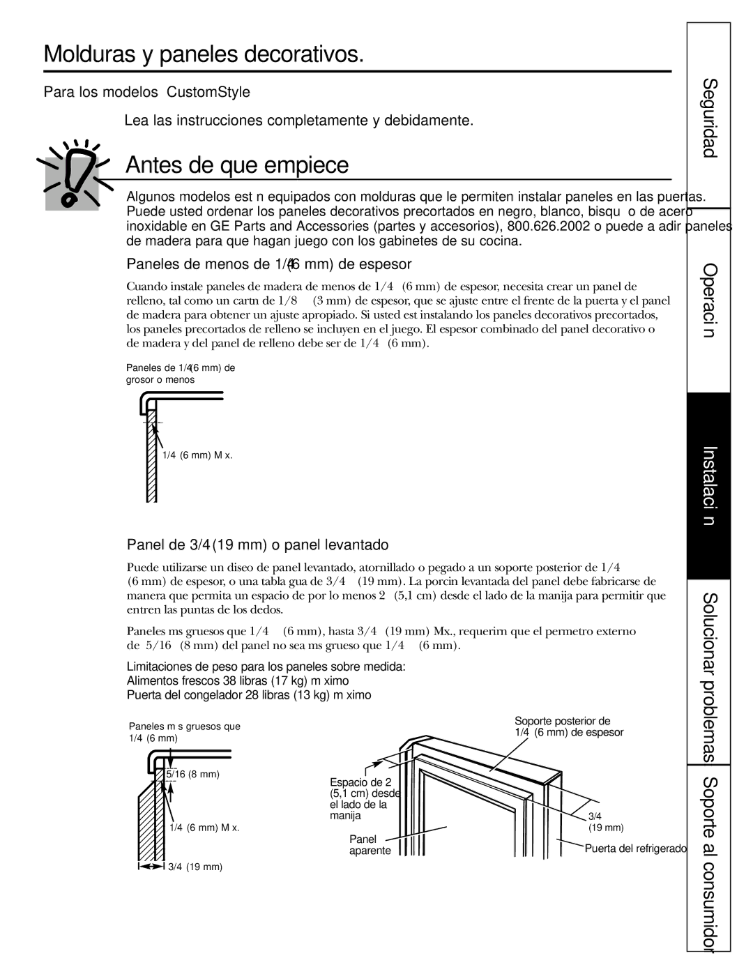 GE 200D2600P043 Molduras y paneles decorativos, Lea las instrucciones completamente y debidamente, Soporte al consumidor 