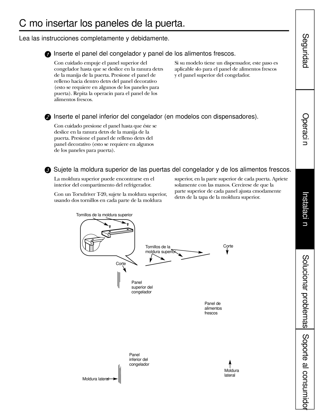 GE 200D2600P043 installation instructions Cómo insertar los paneles de la puerta, Seguridad 