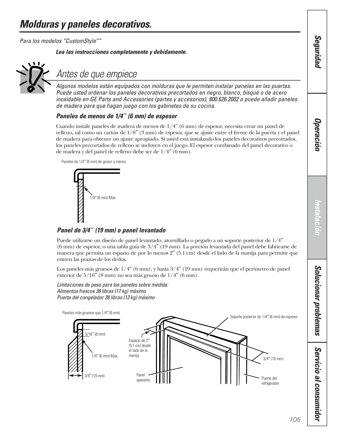 GE 200D8074P017 installation instructions Molduras y paneles decorativos, Seguridad Operación, Solucionar 