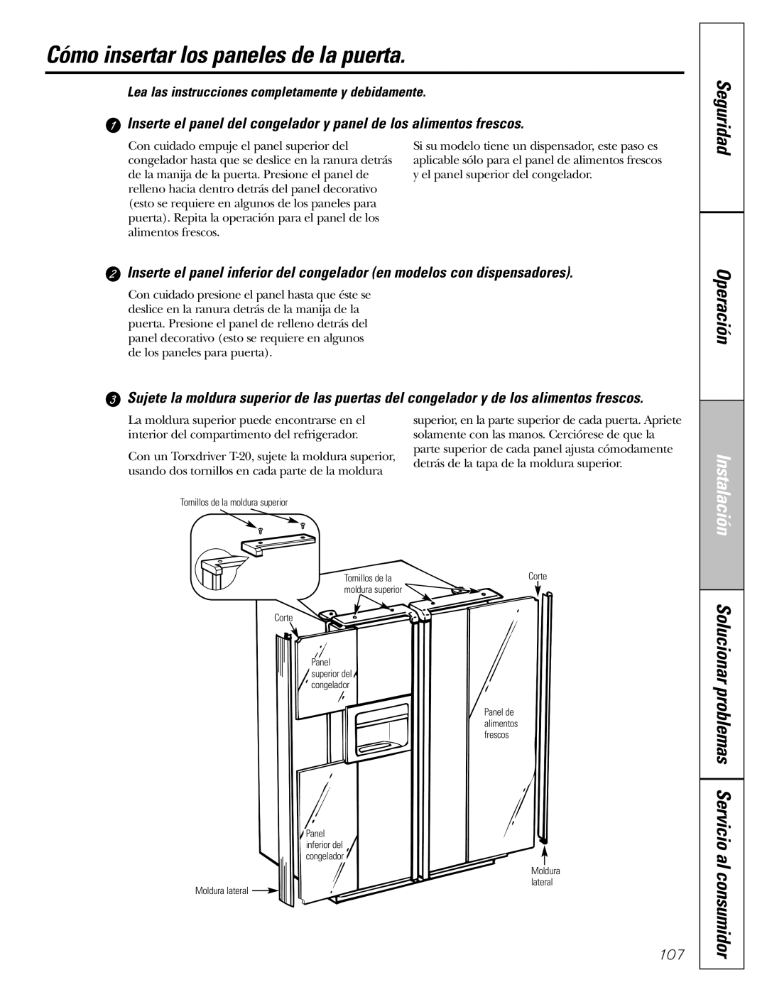 GE 200D8074P017 installation instructions Cómo insertar los paneles de la puerta, Seguridad 