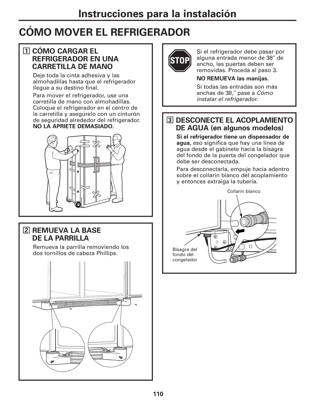 GE 200D8074P017 installation instructions Cómo Mover EL Refrigerador, Cómo Cargar EL Refrigerador EN UNA Carretilla DE Mano 