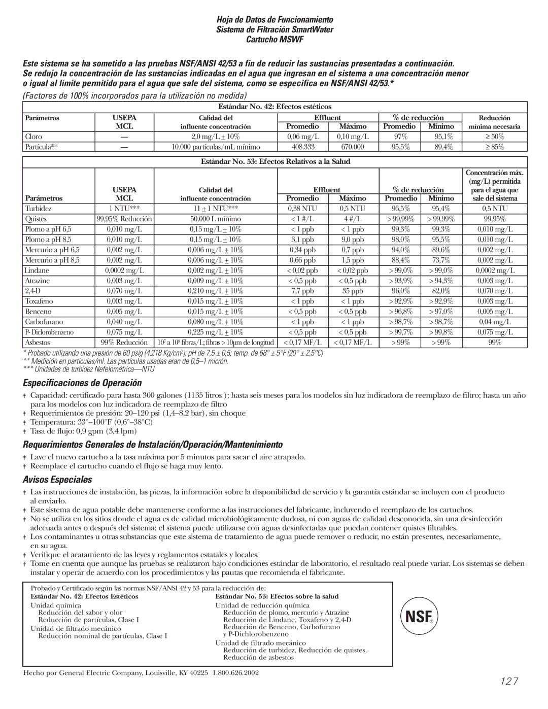 GE 200D8074P017 installation instructions Especificaciones de Operación, Avisos Especiales 