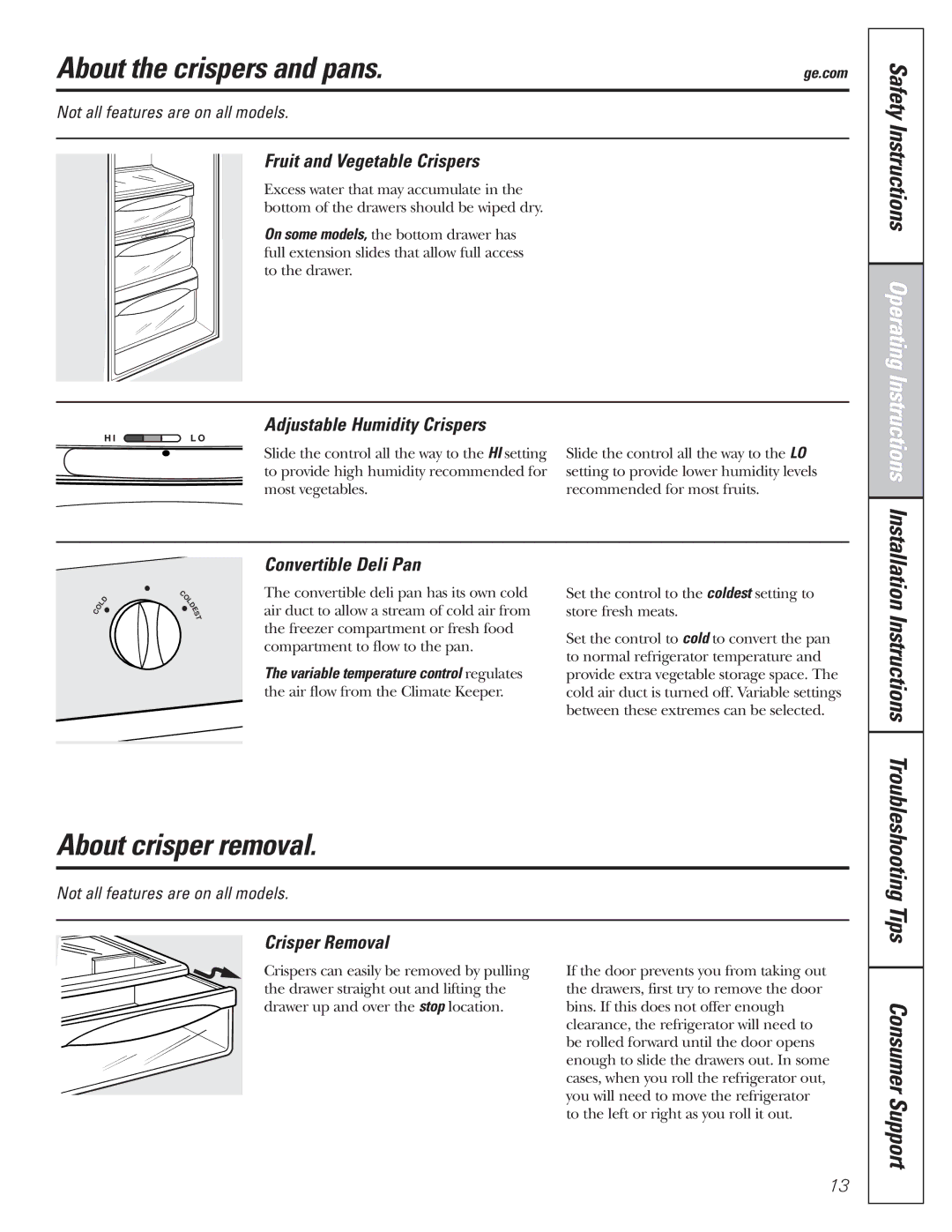 GE 200D8074P017 installation instructions About the crispers and pans, About crisper removal 