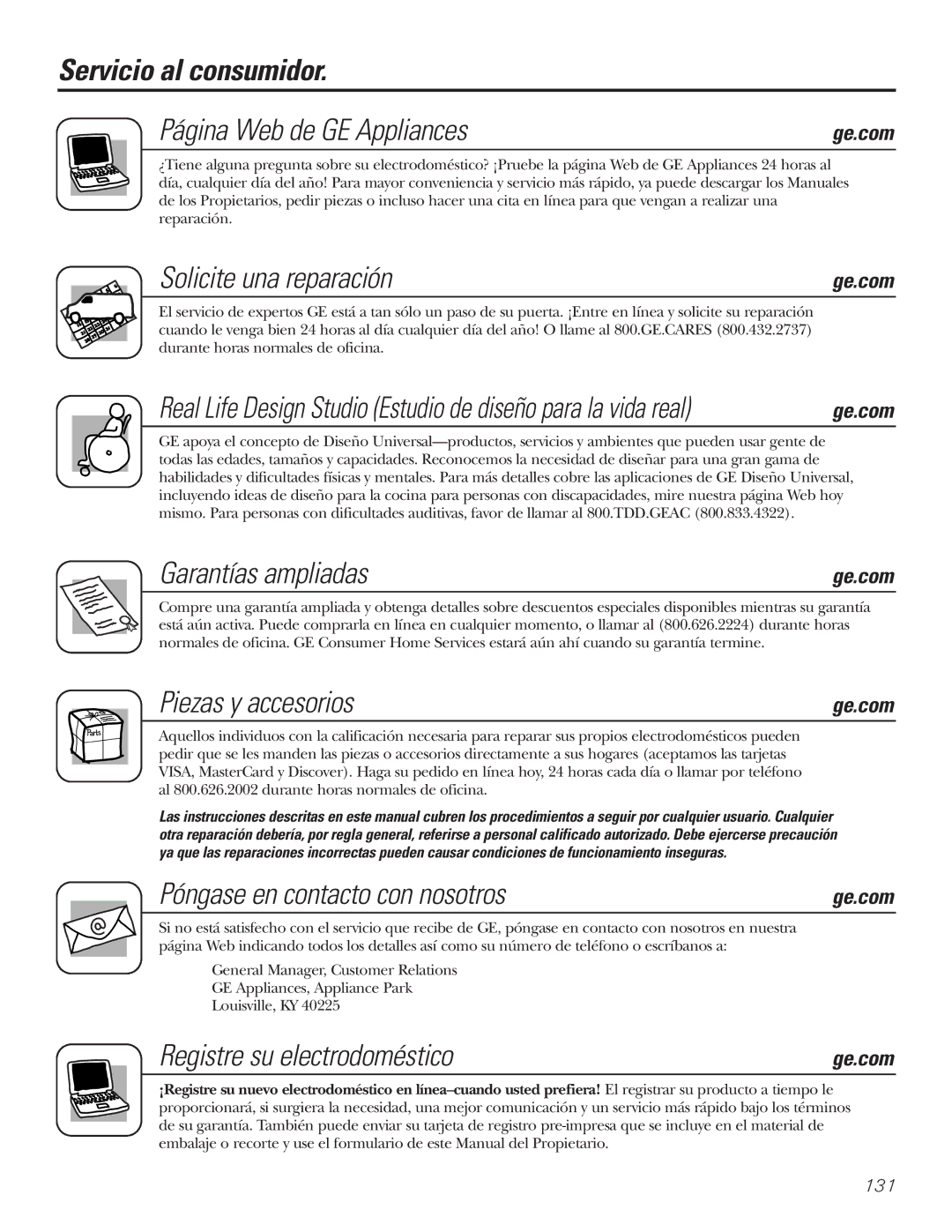 GE 200D8074P017 Servicio al consumidor Página Web de GE Appliances, Solicite una reparación, Garantías ampliadas 