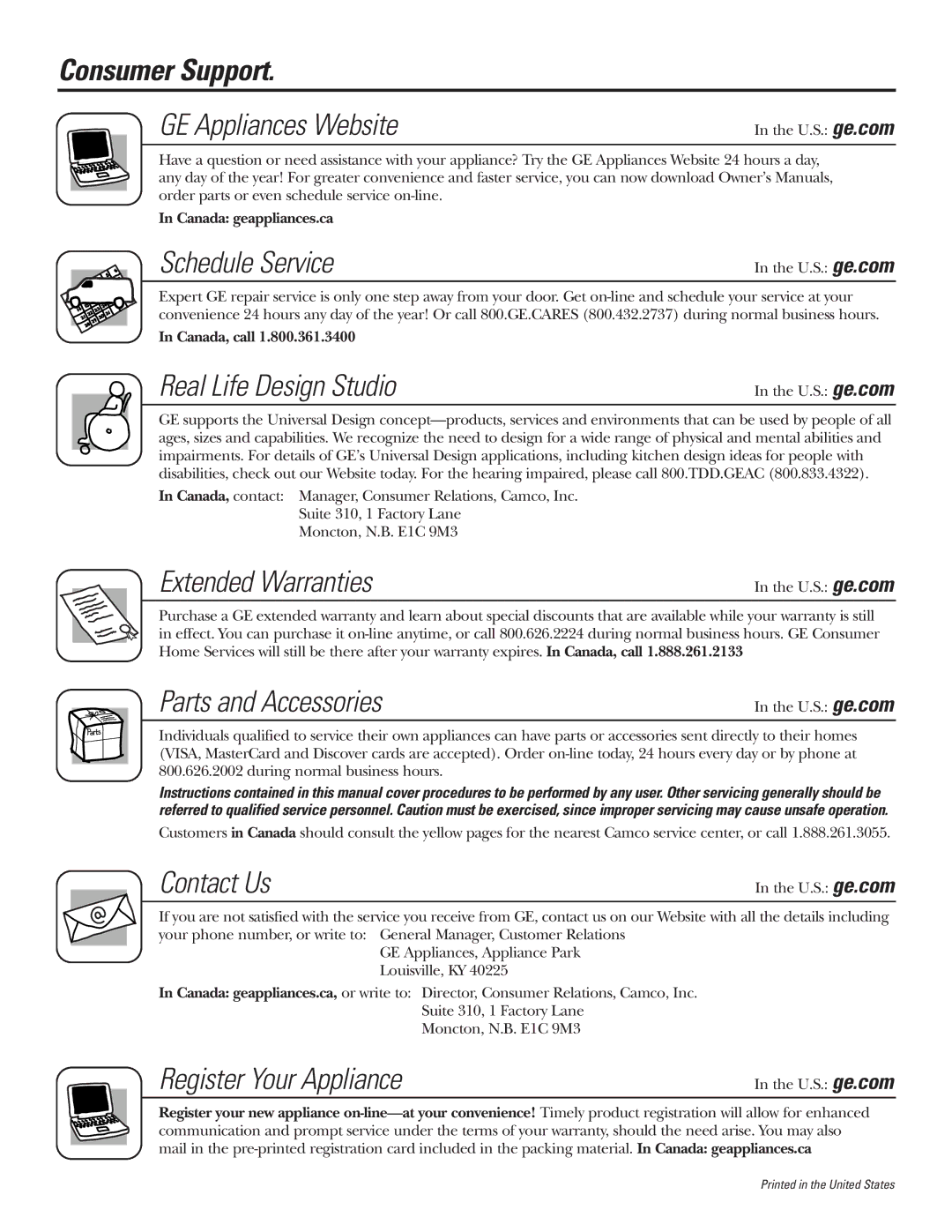 GE 200D8074P017 installation instructions Consumer Support, Schedule Service 