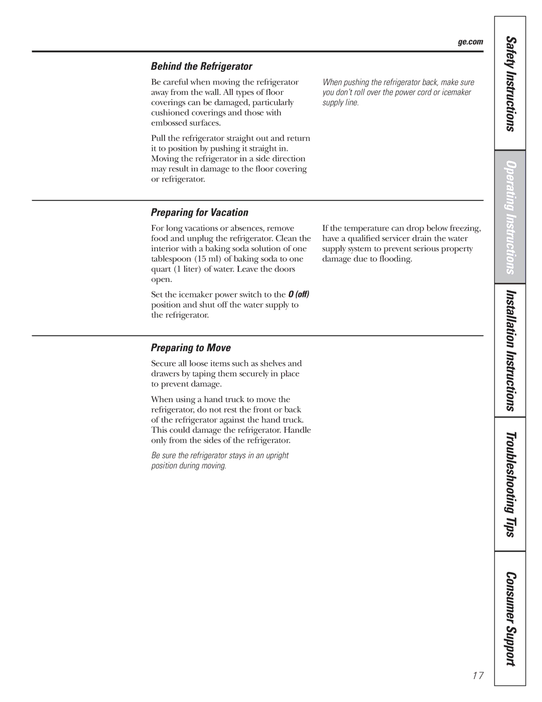 GE 200D8074P017 installation instructions Safety, Behind the Refrigerator, Preparing for Vacation, Preparing to Move 