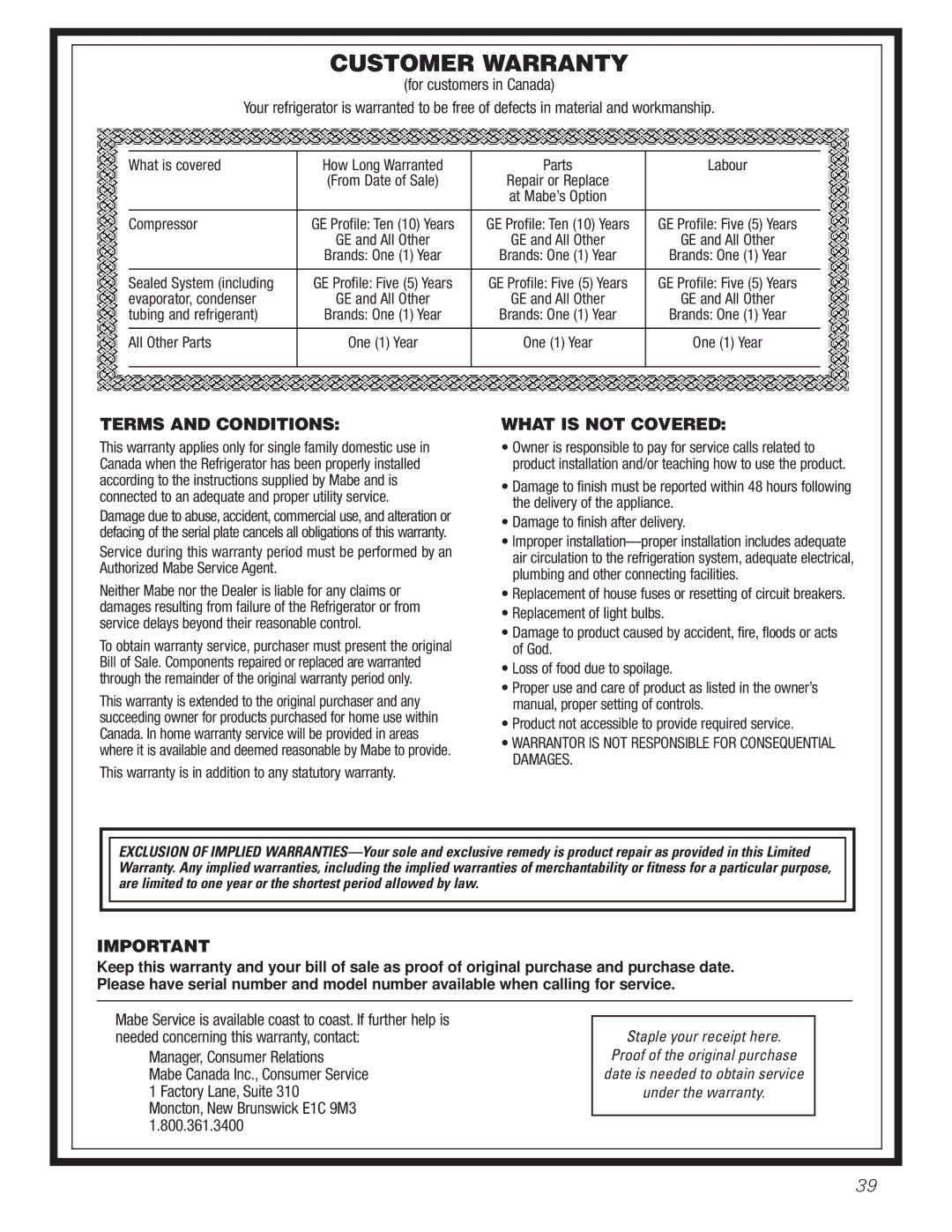 GE 200D8074P017 installation instructions Customer Warranty 