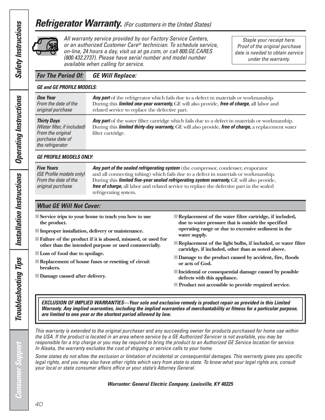 GE 200D8074P017 Instructions Operating Instructions Safety Instructions, GE Will Replace, What GE Will Not Cover 