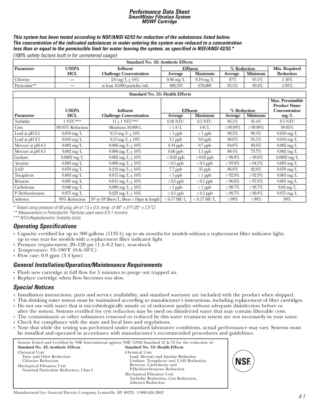 GE 200D8074P017 Performance Data Sheet, Operating Specifications, General Installation/Operation/Maintenance Requirements 