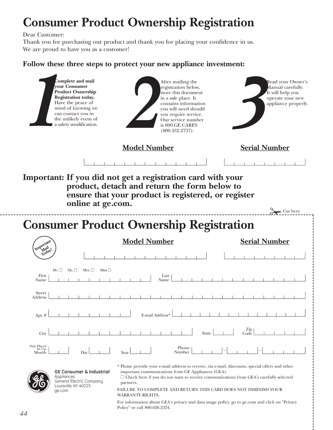 GE 200D8074P017 installation instructions Consumer Product Ownership Registration 