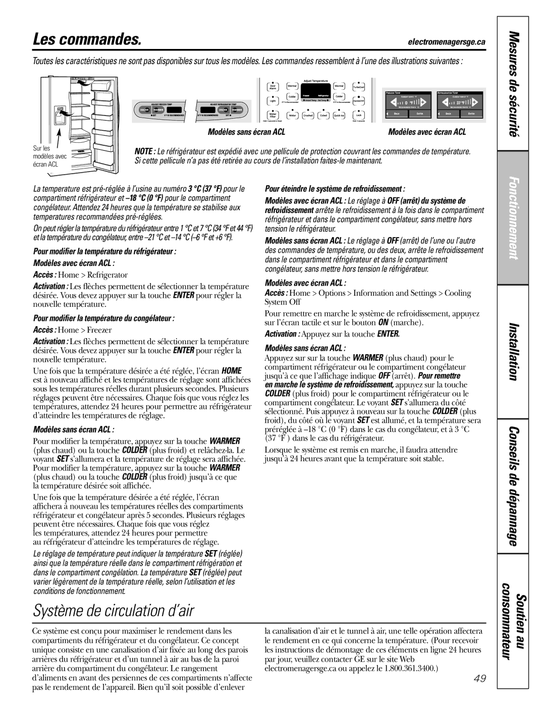 GE 200D8074P017 installation instructions Les commandes, Mesures de sécurité, Installation Conseils de dépannage 