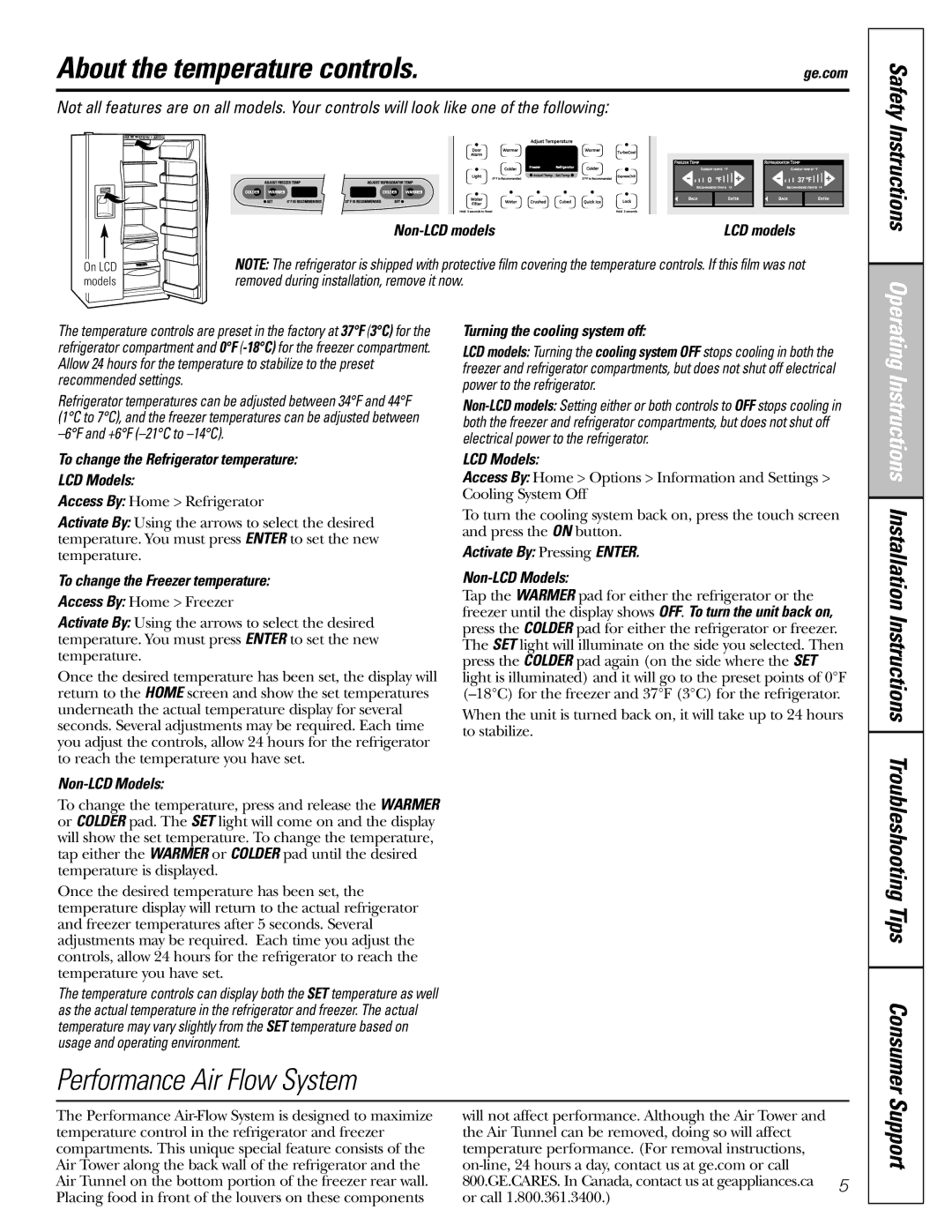 GE 200D8074P017 installation instructions About the temperature controls, Support, Safety Instructions Operating 