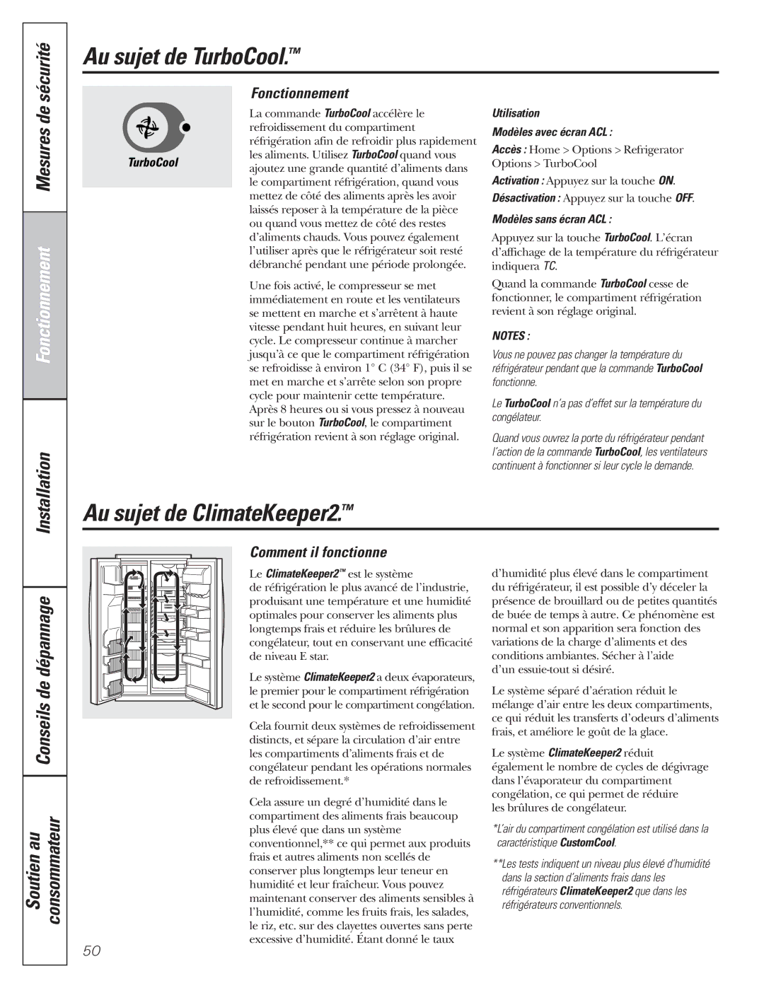 GE 200D8074P017 installation instructions Au sujet de TurboCool, Au sujet de ClimateKeeper2, Sécurité, Mesures de 