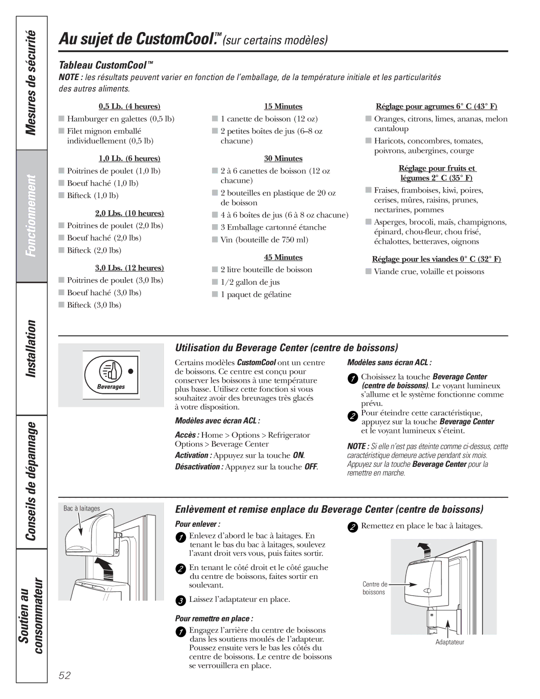 GE 200D8074P017 Soutien au Consommateur, Tableau CustomCool, Utilisation du Beverage Center centre de boissons 