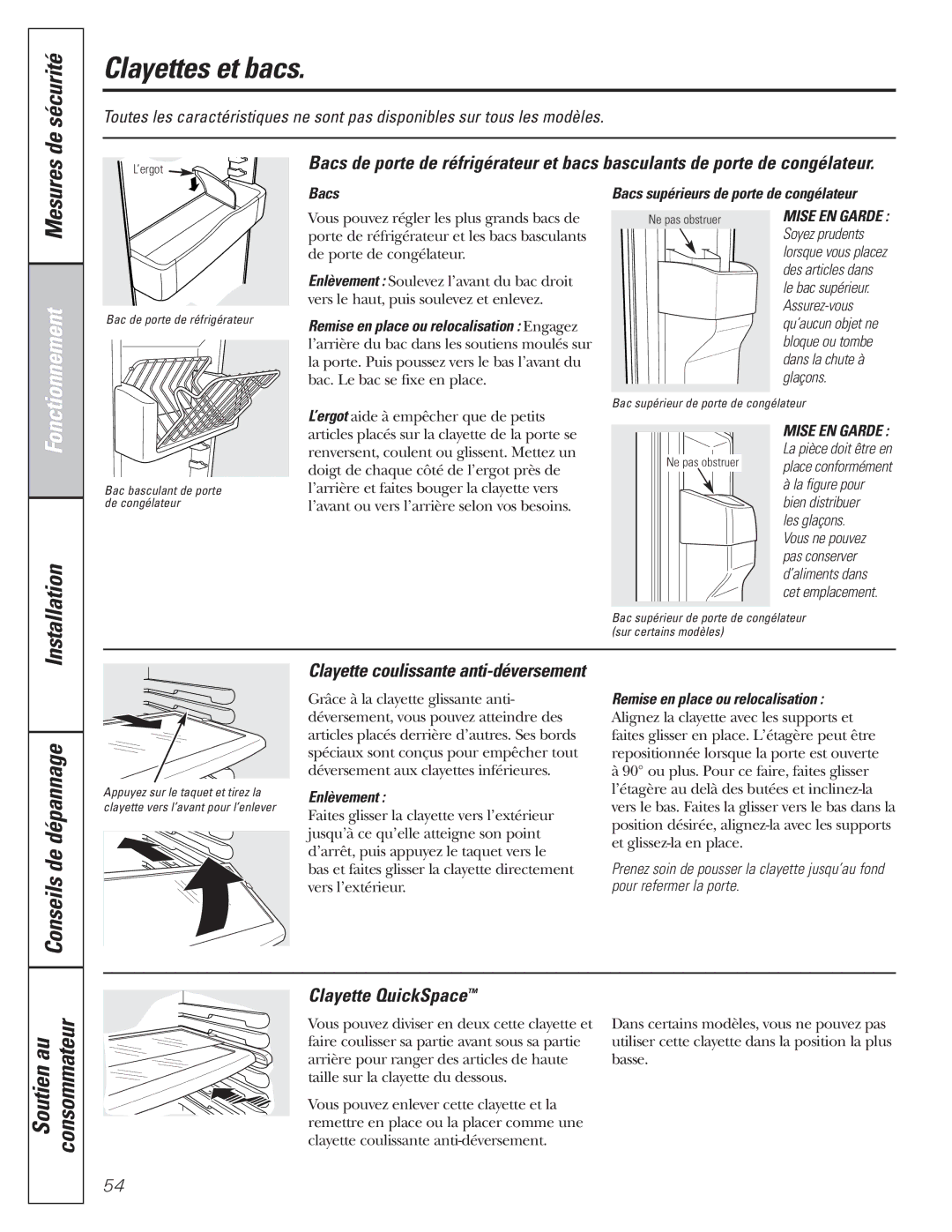 GE 200D8074P017 installation instructions Clayettes et bacs, Mesures, Clayette QuickSpace, Bacs, Enlèvement 