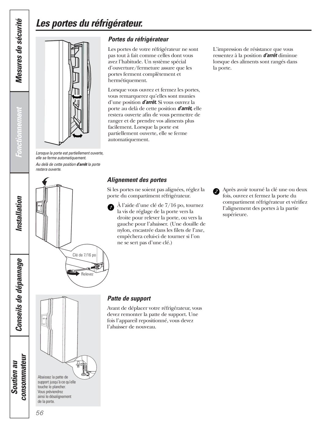 GE 200D8074P017 Les portes du réfrigérateur, Portes du réfrigérateur, Alignement des portes, Patte de support 