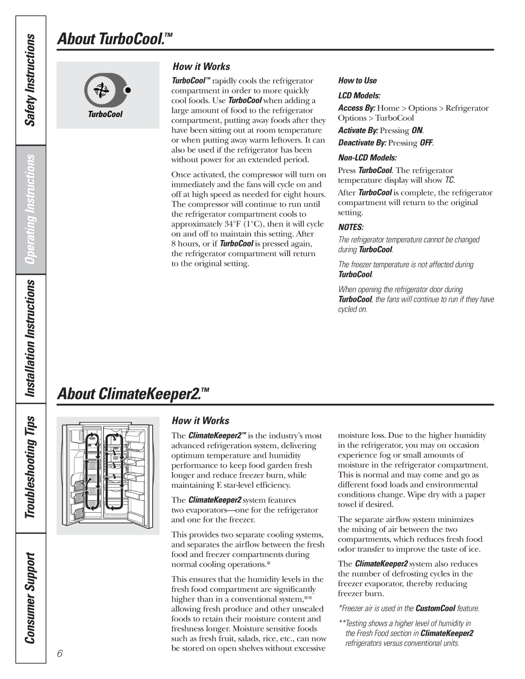 GE 200D8074P017 installation instructions About TurboCool, About ClimateKeeper2, How it Works, How to Use LCD Models 