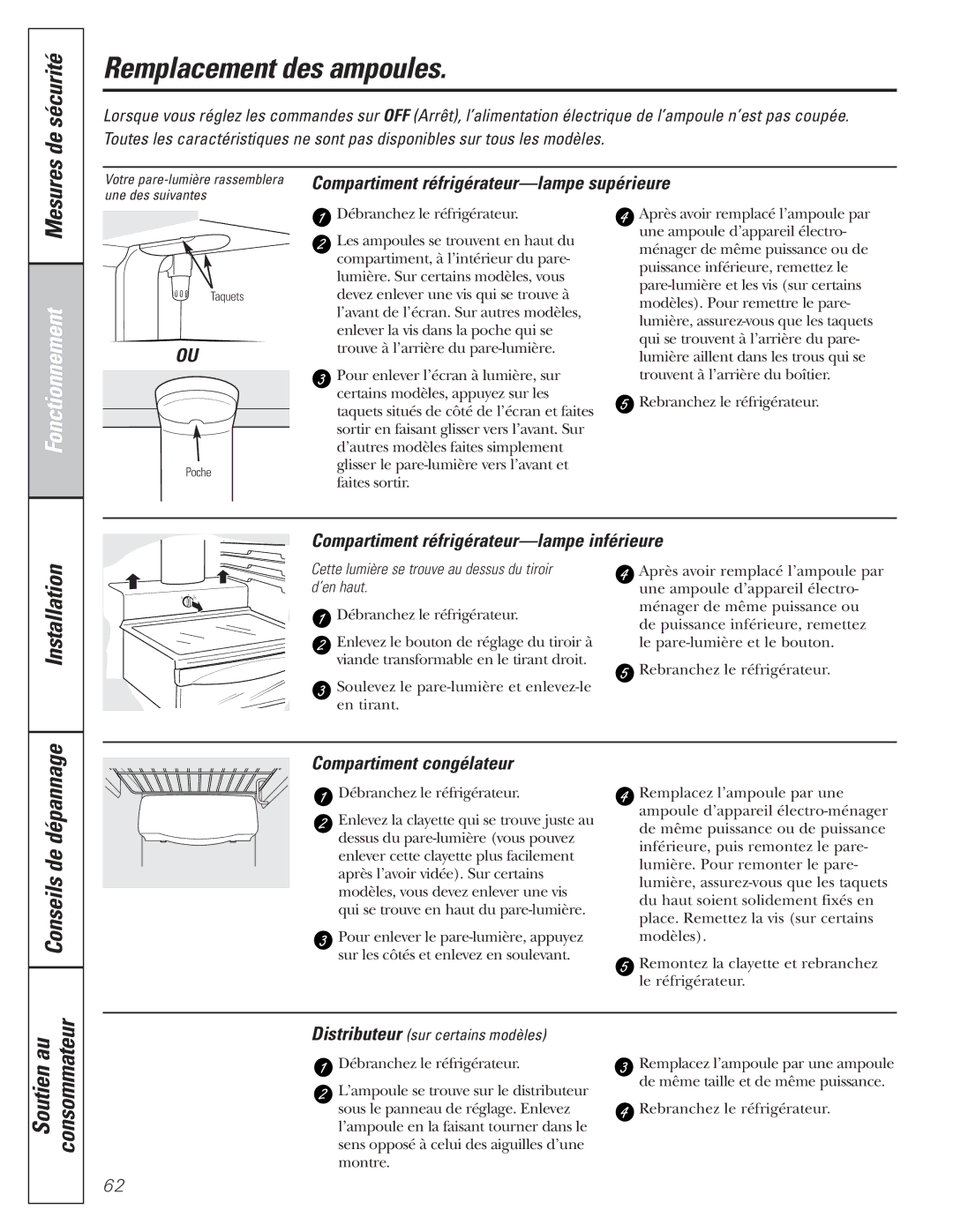 GE 200D8074P017 Remplacement des ampoules, Compartiment réfrigérateur-lampe supérieure, Compartiment congélateur 