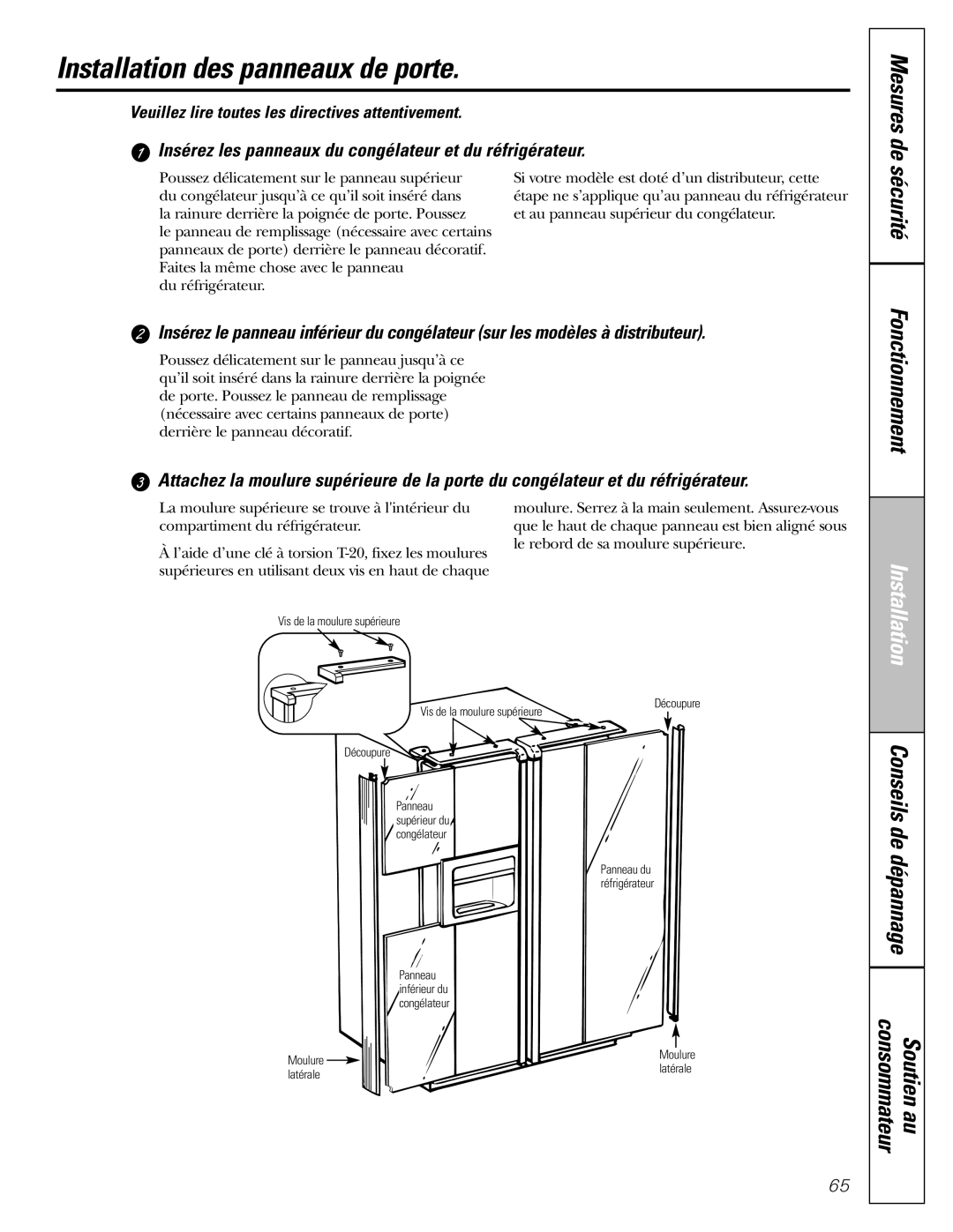 GE 200D8074P017 Installation des panneaux de porte, Insérez les panneaux du congélateur et du réfrigérateur 