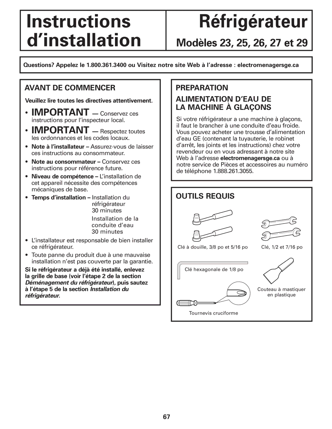 GE 200D8074P017 Avant DE Commencer, Preparation Alimentation D’EAU DE LA Machine À Glaçons, Outils Requis 