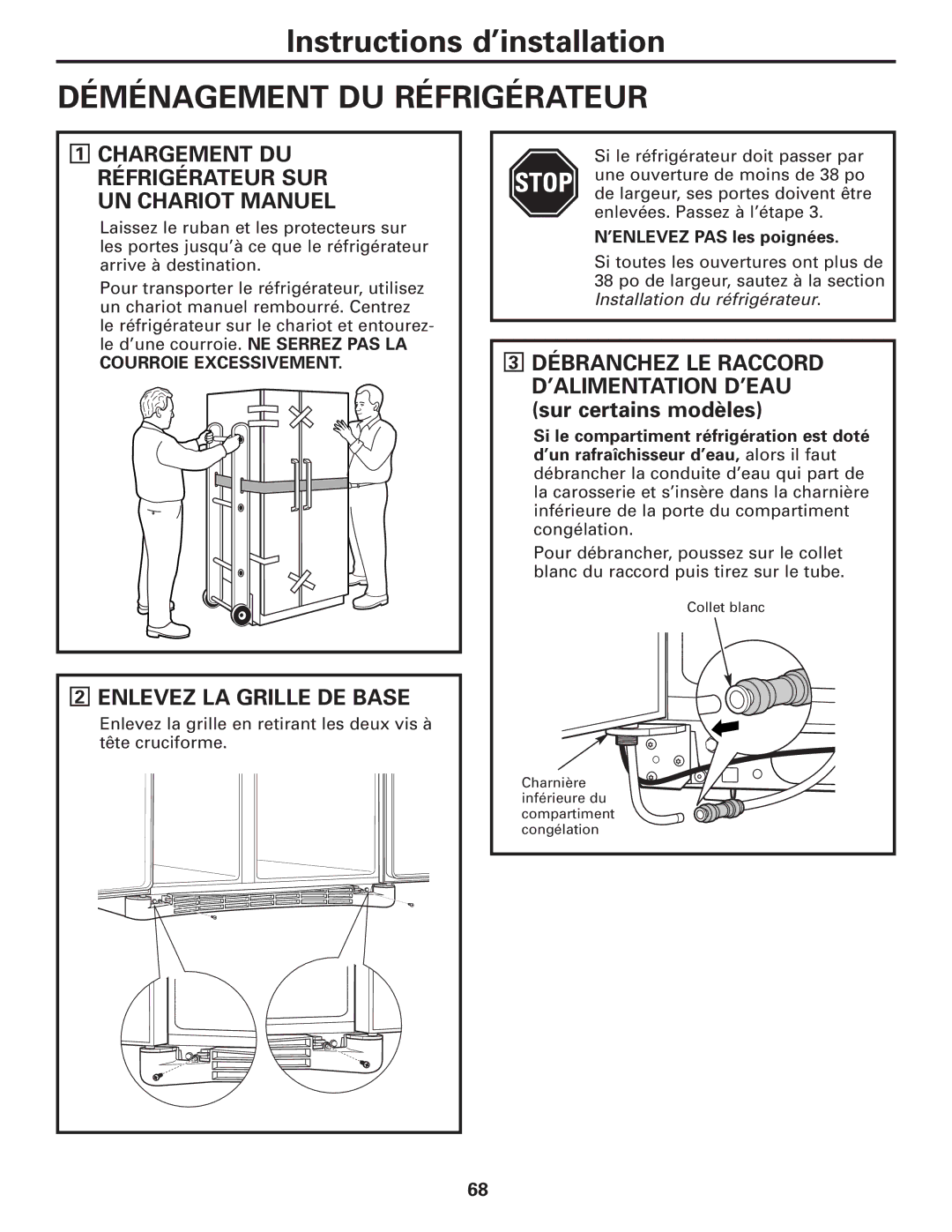 GE 200D8074P017 installation instructions Déménagement DU Réfrigérateur, Chargement DU Réfrigérateur SUR UN Chariot Manuel 