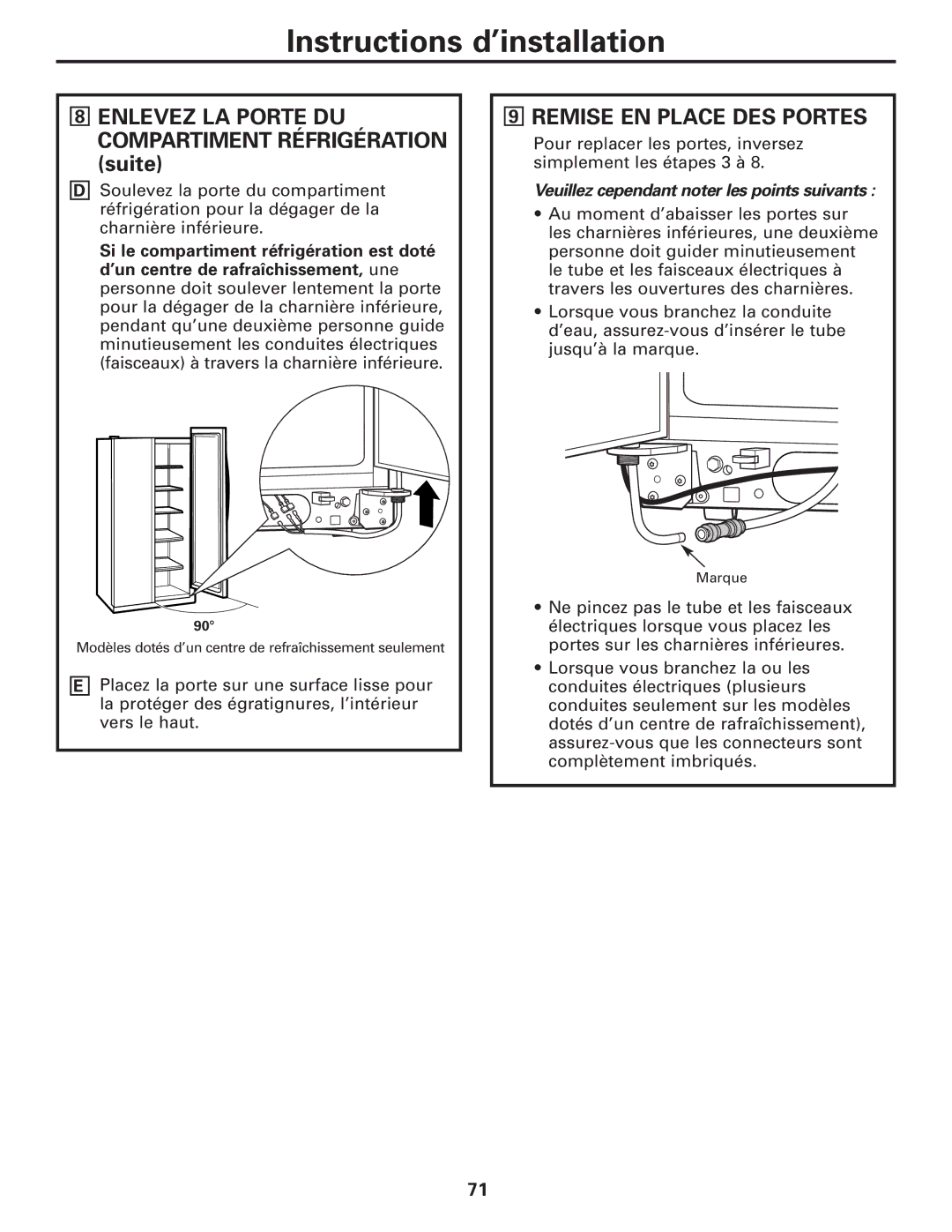 GE 200D8074P017 installation instructions Remise EN Place DES Portes, Veuillez cependant noter les points suivants 