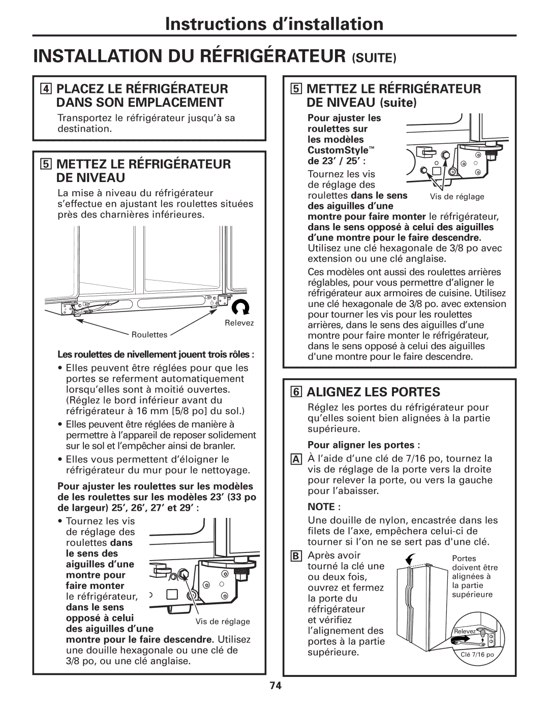 GE 200D8074P017 installation instructions Installation DU Réfrigérateur Suite, Alignez LES Portes 