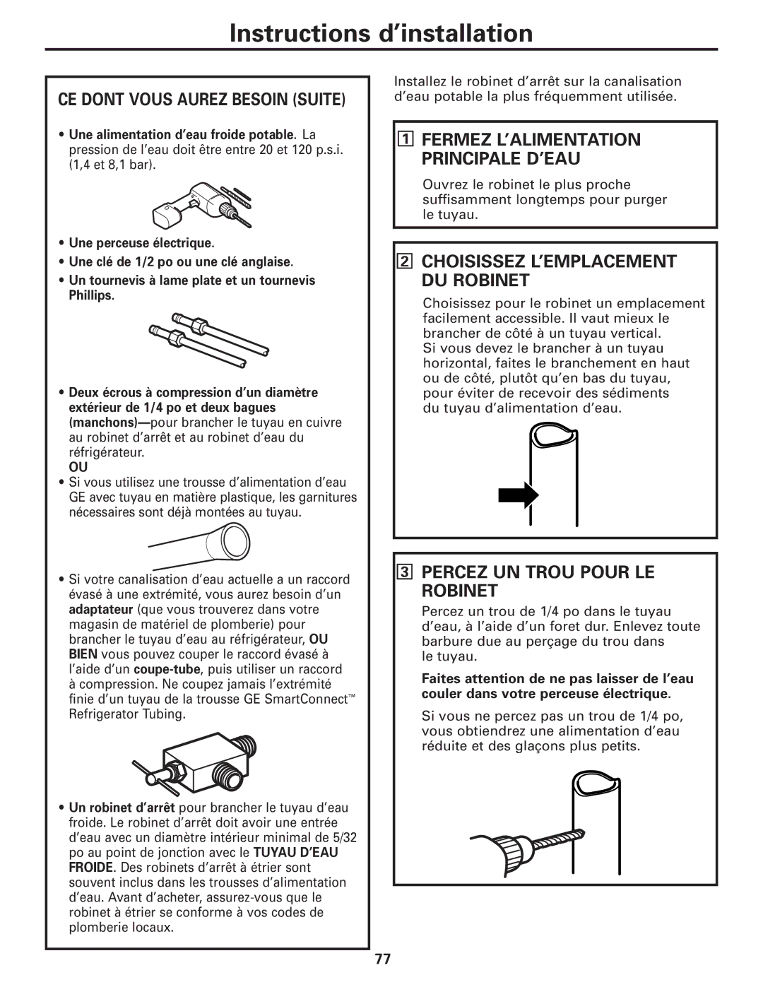 GE 200D8074P017 installation instructions Percez UN Trou Pour LE Robinet, CE Dont Vous Aurez Besoin Suite 