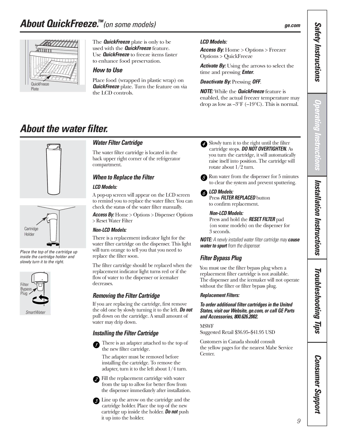 GE 200D8074P017 installation instructions About QuickFreeze.on some models, About the water filter 