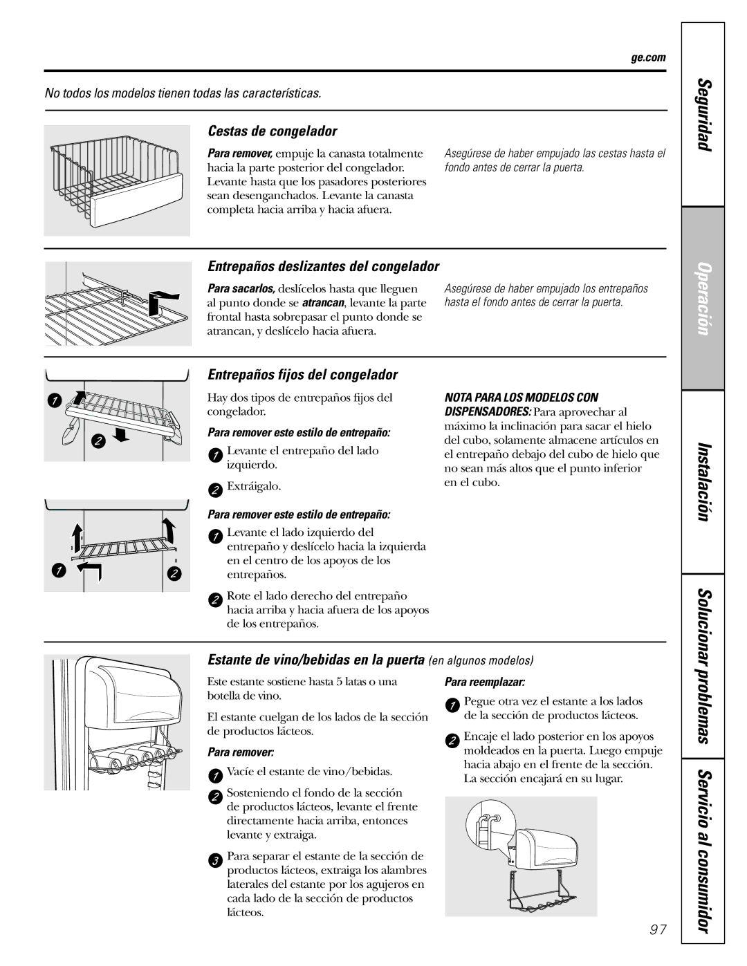 GE 200D8074P017 Problemas Servicio al consumidor, Cestas de congelador, Entrepaños deslizantes del congelador 