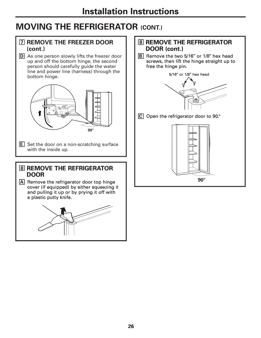 GE 200D8074P017 Installation Instructions MOVING THE REFRIGERATOR CONT, REMOVE THE FREEZER DOOR cont 