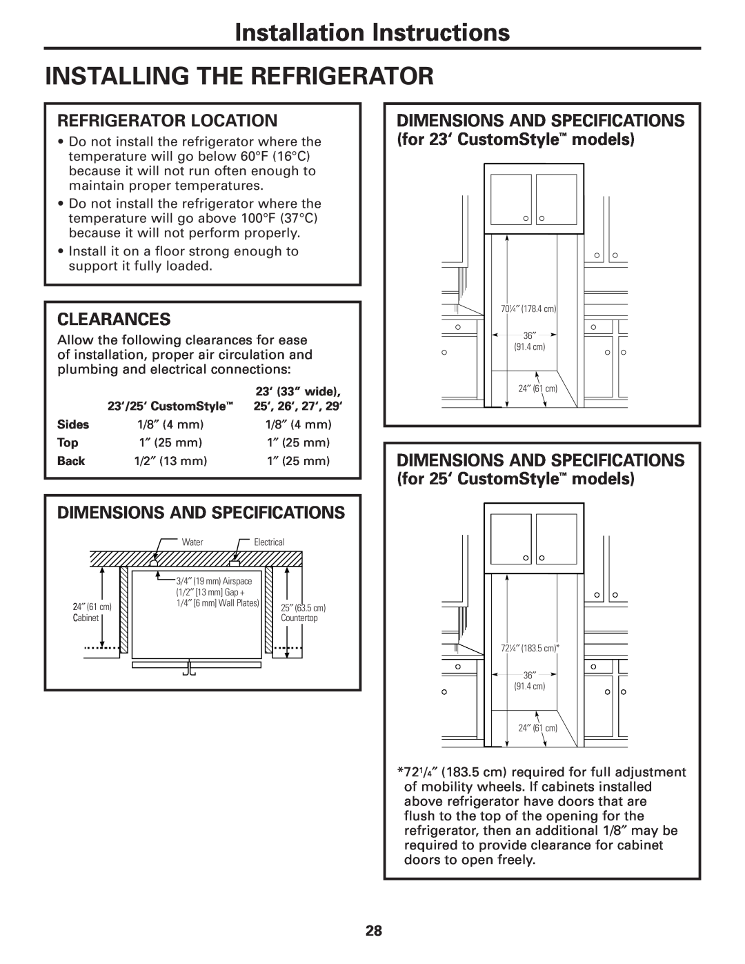 GE 200D8074P017 Installation Instructions INSTALLING THE REFRIGERATOR, Refrigerator Location, Clearances 