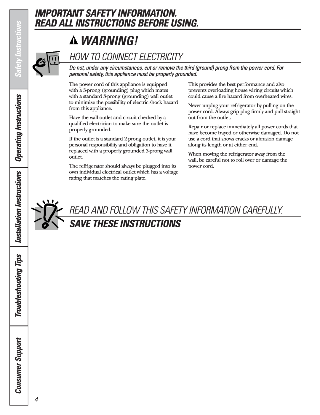 GE 200D8074P017 How To Connect Electricity, Save These Instructions, Instructions Operating Instructions 