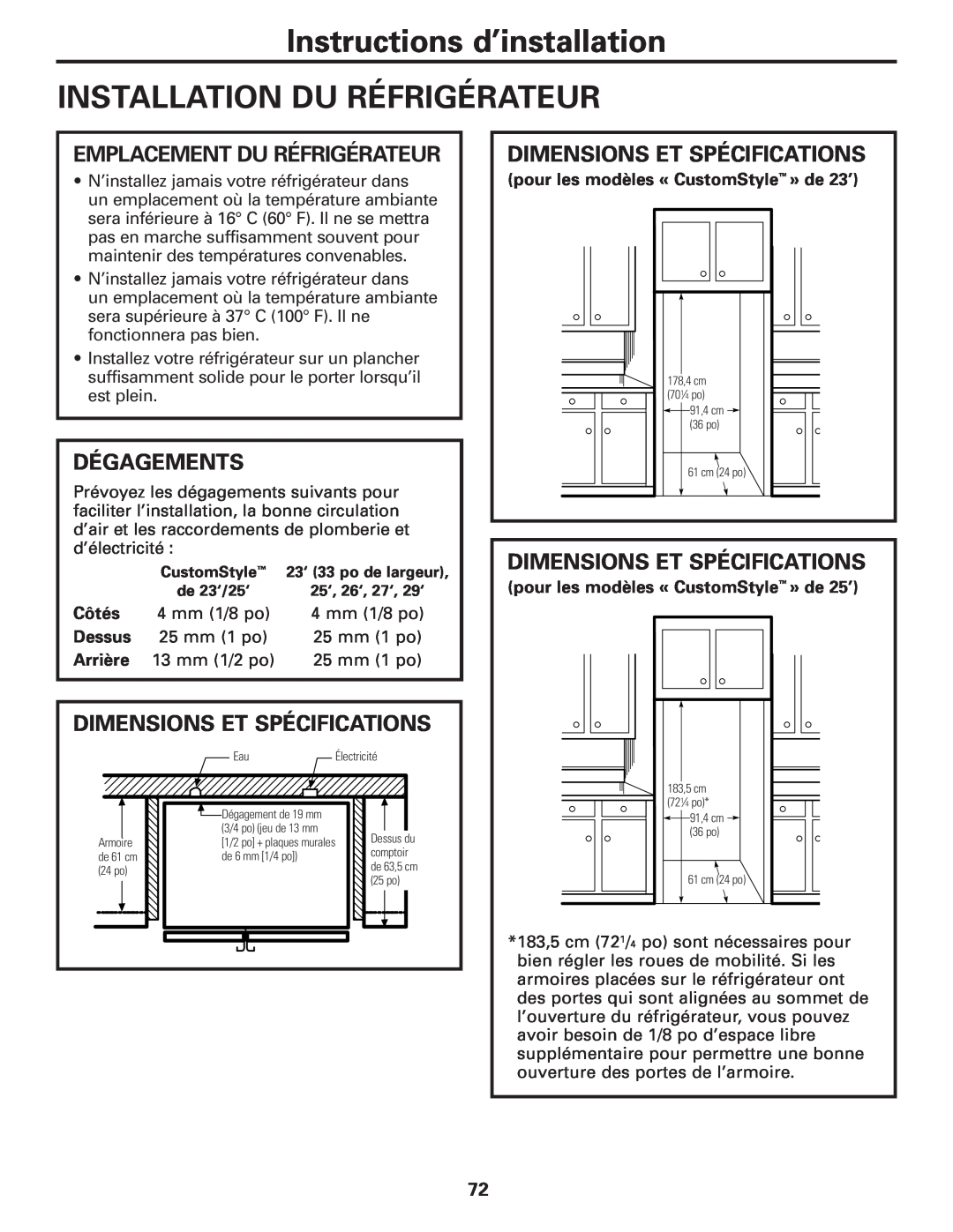 GE 200D8074P017 Instructions d’installation INSTALLATION DU RÉFRIGÉRATEUR, Emplacement Du Réfrigérateur, Dégagements 