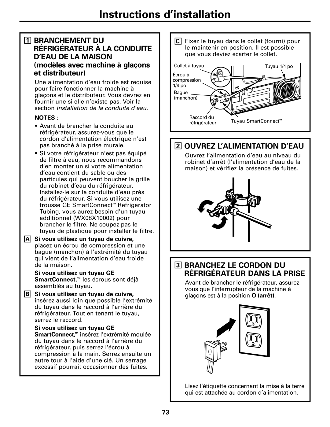 GE 200D8074P017 installation instructions Ouvrez L’Alimentation D’Eau, Branchez Le Cordon Du Réfrigérateur Dans La Prise 